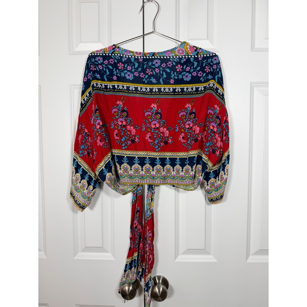 Patrons of Peace Red Floral Tie Front Crop Top Boho Mixed Print Blouse Medium - Picture 6 of 6